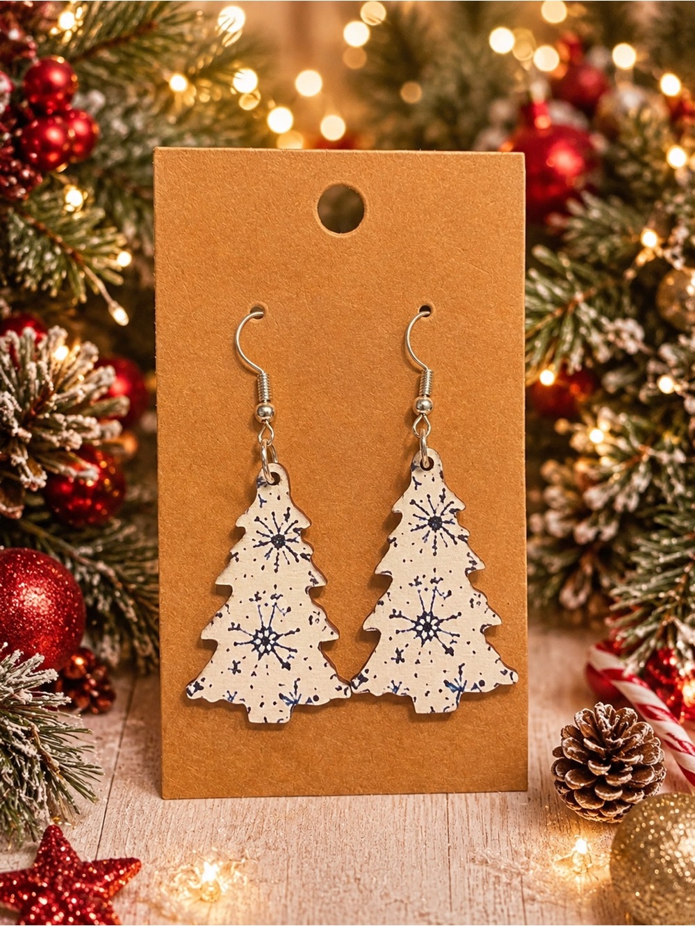 *Buy Now* Festive White Snowflake Christmas Tree Wooden Earrings - Picture 1 of 2
